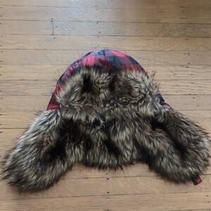 Eddie Bauer Red and Black Plaid Hat with Faux Fur